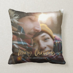 金ゴールド台本メリークリスマスレッドタータンチェック写真 クッション