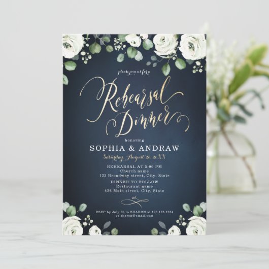 金ゴールド台本海軍ホワイトフローラリハーサルディナー 招待状 (スタンド正面)