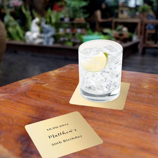 金ゴールド名スクリプト誕生日 スクエアペーパーコースター