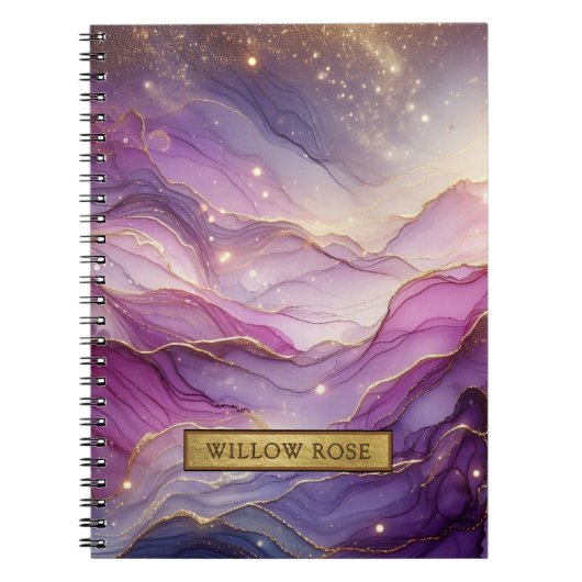 金ゴールド名抽象芸術パープモダンルピンクシックなスパークル ノートブック (正面)