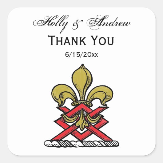 金ゴールド名門私立校風のレッドヘラルディッククレスト（紋章の）フラ・ダ・リエンブレム スクエアシール (正面)