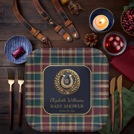 金ゴールド名門私立校風の馬蹄型モノグラムブルーベビーシャワー ペーパープレート