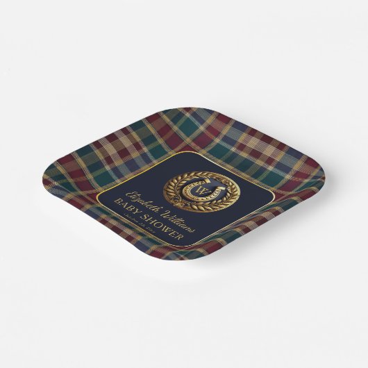 金ゴールド名門私立校風の馬蹄型モノグラムブルーベビーシャワー ペーパープレート (傾斜あり)