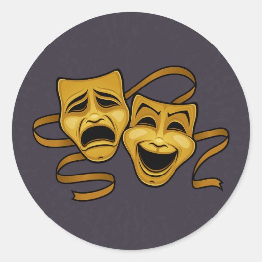 金ゴールド喜劇と悲劇の演劇マスク ラウンドシール (正面)