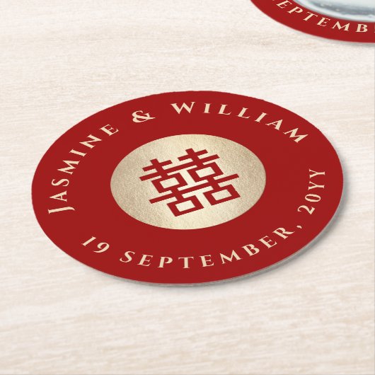金ゴールド四角形中国の二重結婚幸せ ラウンドペーパーコースター (アングル)