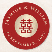 金ゴールド四角形中国の二重結婚幸せ ラウンドペーパーコースター (正面)