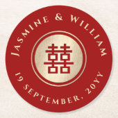 金ゴールド四角形中国の二重結婚幸せ ラウンドペーパーコースター (正面)