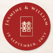 金ゴールド四角形中国の二重結婚幸せ ラウンドペーパーコースター (正面)