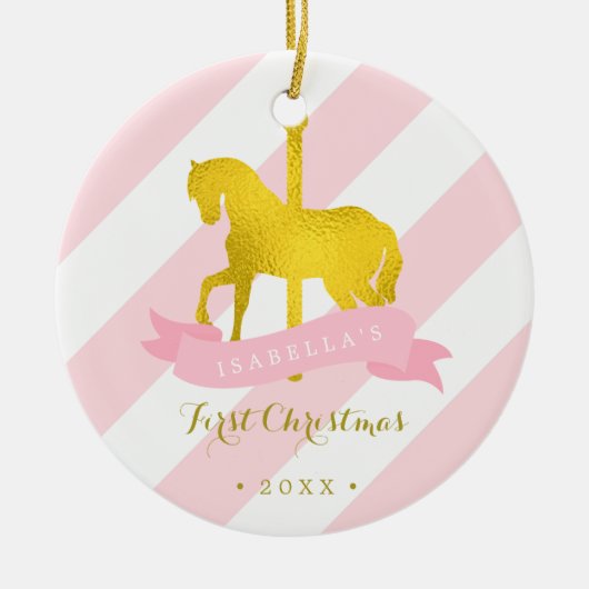 金ゴールド回転木馬ホースベビーの初めてのクリスマス セラミックオーナメント (正面)