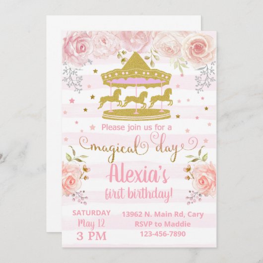 金ゴールド回転木馬メリーゴーラウンド誕生日の招待状。 招待状 (正面/裏面)