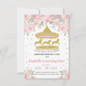 金ゴールド回転木馬女の子の最初の1歳の誕生日の招待。 招待状 (正面)