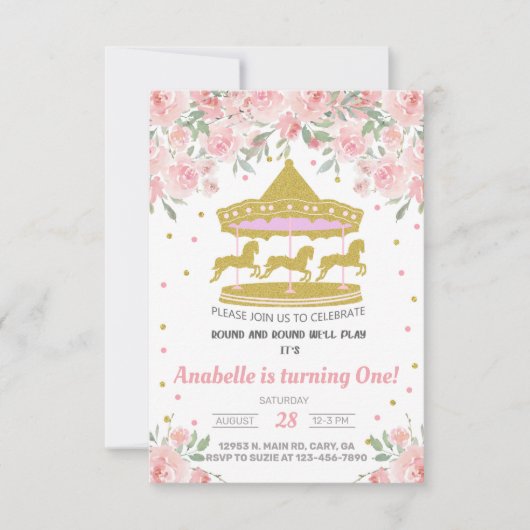 金ゴールド回転木馬女の子の最初の1歳の誕生日の招待。 招待状 (正面)