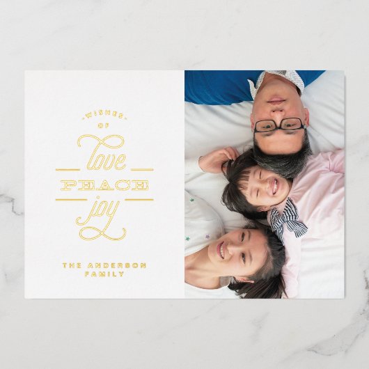 金ゴールド圧迫愛の平和の喜びグリーティングフォト 箔シーズンカード (正面)