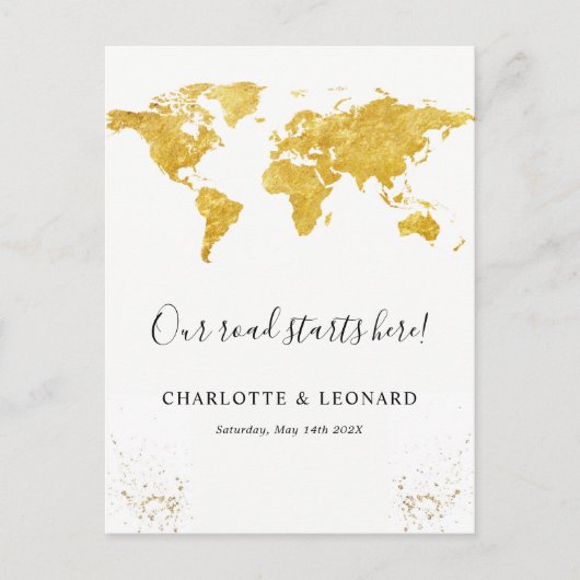 金ゴールド地図婚約はがき インビテーションポストカード (正面)
