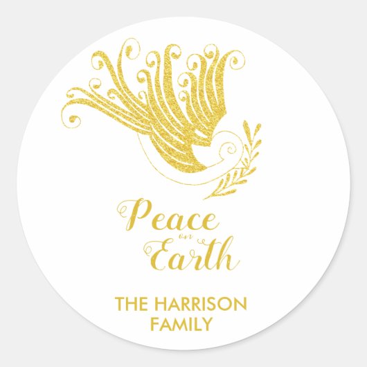 金ゴールド地球のクリスマスに平和を鳩 ラウンドシール (正面)
