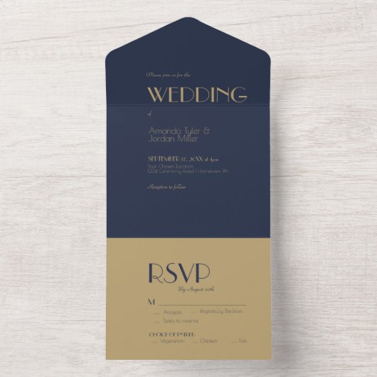 金ゴールド型デコ |ダークネイビー結婚ズ オールインワン招待状 (内側)