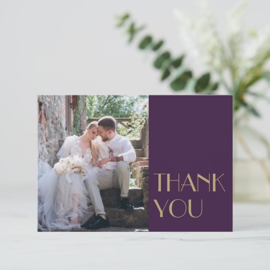 金ゴールド型デコ |ダークパープル結婚のフラットフォト サンキューカード (スタンド正面)
