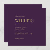 金ゴールド型デコ |ダークパープル結婚スクエア 招待状 (正面/裏面)
