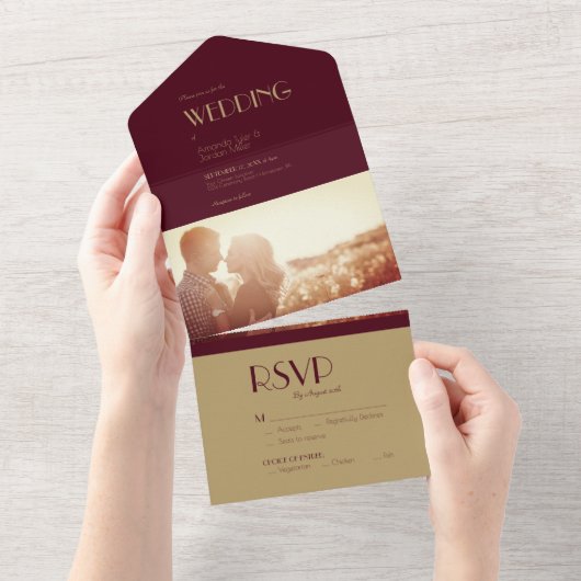 金ゴールド型デコ | Burgundyフォト結婚ズ オールインワン招待状 (貼ってはがせる)
