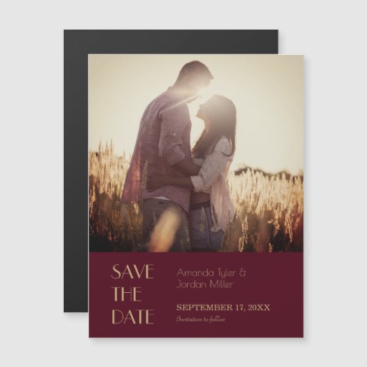 金ゴールド型デコ | Burgundy結婚の写真救日付 マグネット招待状 (正面/裏面)