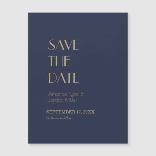 金ゴールド型デコ | Dark Navy Wedding Save the Date マグネット招待状 (正面)
