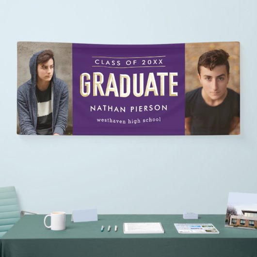 金ゴールド型パープル2枚の写真卒業 横断幕 (トレードショー)