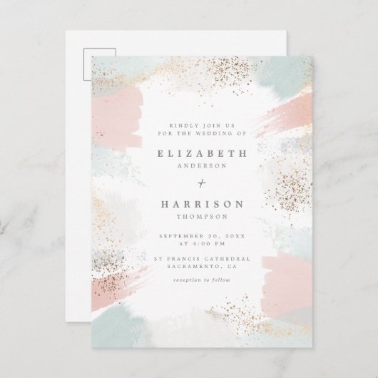 金ゴールド塵及び絵画的なパステル調のブラシの打撃の結婚 インビテーションポストカード (正面/裏面)