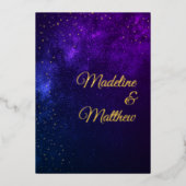 金ゴールド夕べスカイスターズモダンパープル結婚ズ 箔招待状 (正面)