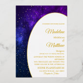 金ゴールド夕べスカイスターズモダンパープル結婚ズ 箔招待状 (裏面)
