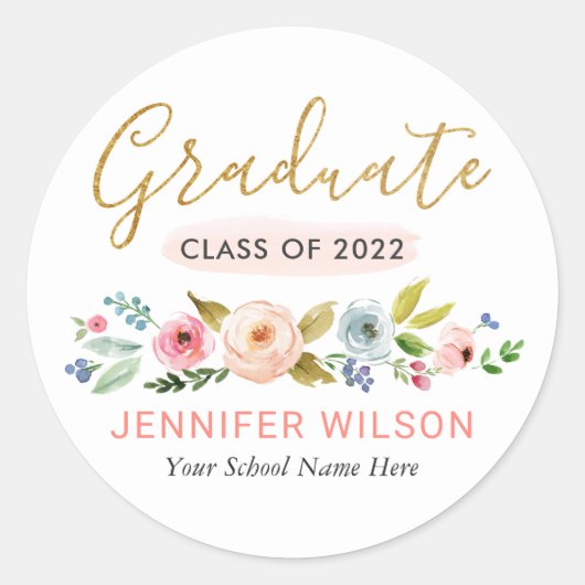 金ゴールド大学院スクリプト水彩フローラ卒業 ラウンドシール (正面)