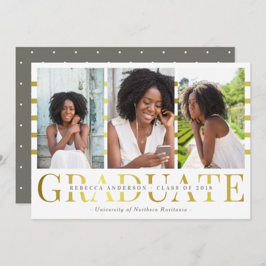 金ゴールド大学院トレンディー写真卒業発表 案内状 (正面/裏面)