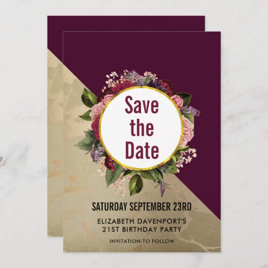 金ゴールド大理石とブルゴーニュのフローラ日付を保存 セーブザデート (正面/裏面)