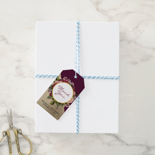 金ゴールド大理石とブルゴーニュ結婚花模様ズ感謝していヨ ギフトタグ (より糸付き)