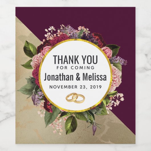 金ゴールド大理石とブルゴーニュ結婚花模様ズ感謝してい ワインラベル (シングルラベル)