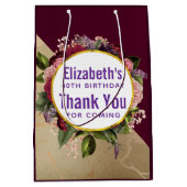 金ゴールド大理石とブルゴーニュ花模様誕生日の恩恵 ミディアムペーパーバッグ (正面)