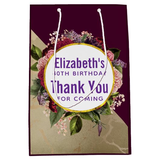 金ゴールド大理石とブルゴーニュ花模様誕生日の恩恵 ミディアムペーパーバッグ (正面)