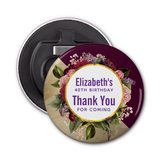 金ゴールド大理石とブルゴーニュ花模様誕生日の恩恵 栓抜き (正面)