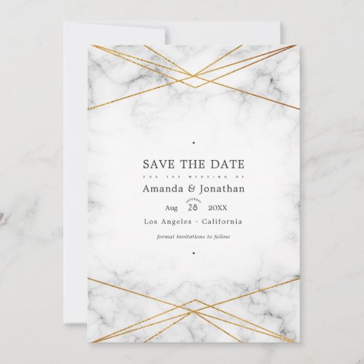金ゴールド大理石の結婚幾何学的な写真 セーブザデート (正面)