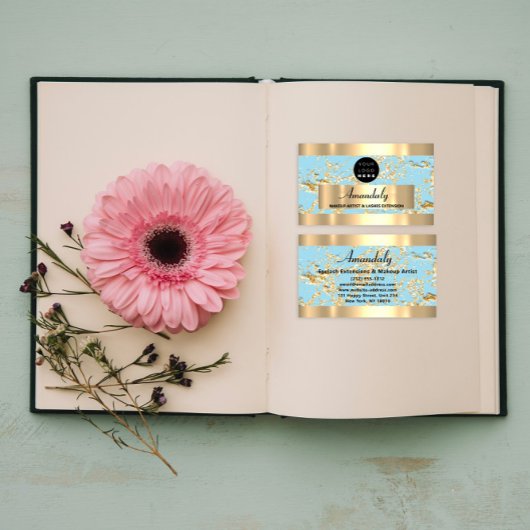 金ゴールド大理石グリッターファッションビューティックショップブルー 名刺