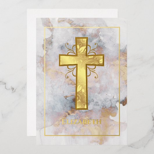 金ゴールド大理石バプテスマまたは《キリスト教》洗礼式や命名式フィリグリー 箔招待状 (正面/裏面)