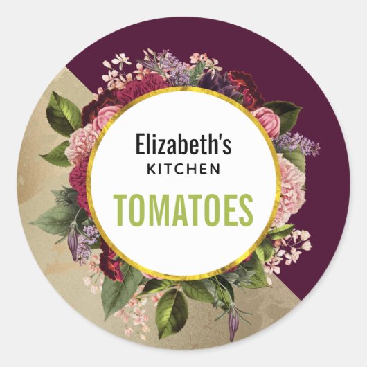 金ゴールド大理石パターンとバーガンディ花模様キッチン ラウンドシール (正面)