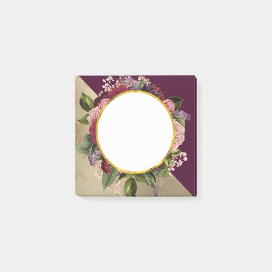 金ゴールド大理石パターンとバーガンディ花模様 ポストイット (正面)