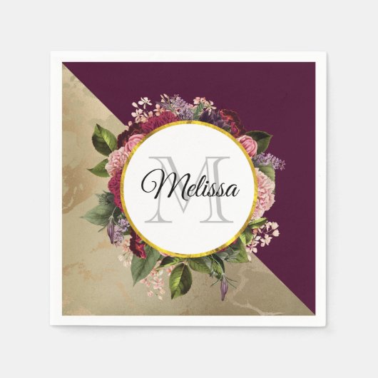 金ゴールド大理石パターンとブルゴーニュフローラモノグラム スタンダードカクテルナプキン (正面)