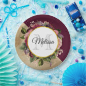 金ゴールド大理石パターンとブルゴーニュフローラモノグラム ペーパープレート (パーティー)