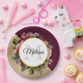 金ゴールド大理石パターンとブルゴーニュフローラモノグラム ペーパープレート (パーティー)