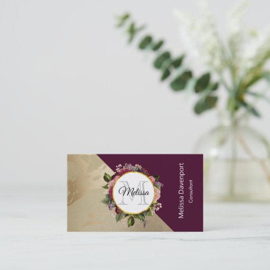 金ゴールド大理石パターンとブルゴーニュフローラモノグラム 名刺 (スタンド正面)