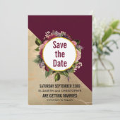 金ゴールド大理石パターンとブルゴーニュ結婚フローラ セーブザデート (スタンド正面)