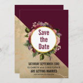 金ゴールド大理石パターンとブルゴーニュ結婚フローラ セーブザデート (正面/裏面)