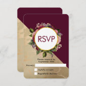 金ゴールド大理石パターンとブルゴーニュ結婚フローラ 出欠カード (正面/裏面)