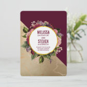 金ゴールド大理石パターンとブルゴーニュ結婚フローラ 招待状 (スタンド正面)